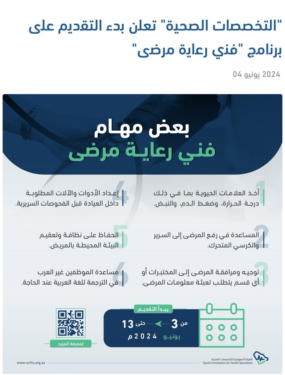 mshammari0's tweet photo. تعلن #وزارة_الصحة بالتعاون مع هيئة التخصصات الصحية عن فتح باب التقديم لبرنامج #فني_رعاية_مرضى، والذي يستمر لمدة 12 شهر.

🗓️ مواعيد التقديم:
من اليوم الإثنين 1446/02/01هـ وحتى السبت 1446/02/27هـ

للتقديم 
https://t.co/D2w95CPNDP https://t.co/Ge190Fl6AR
