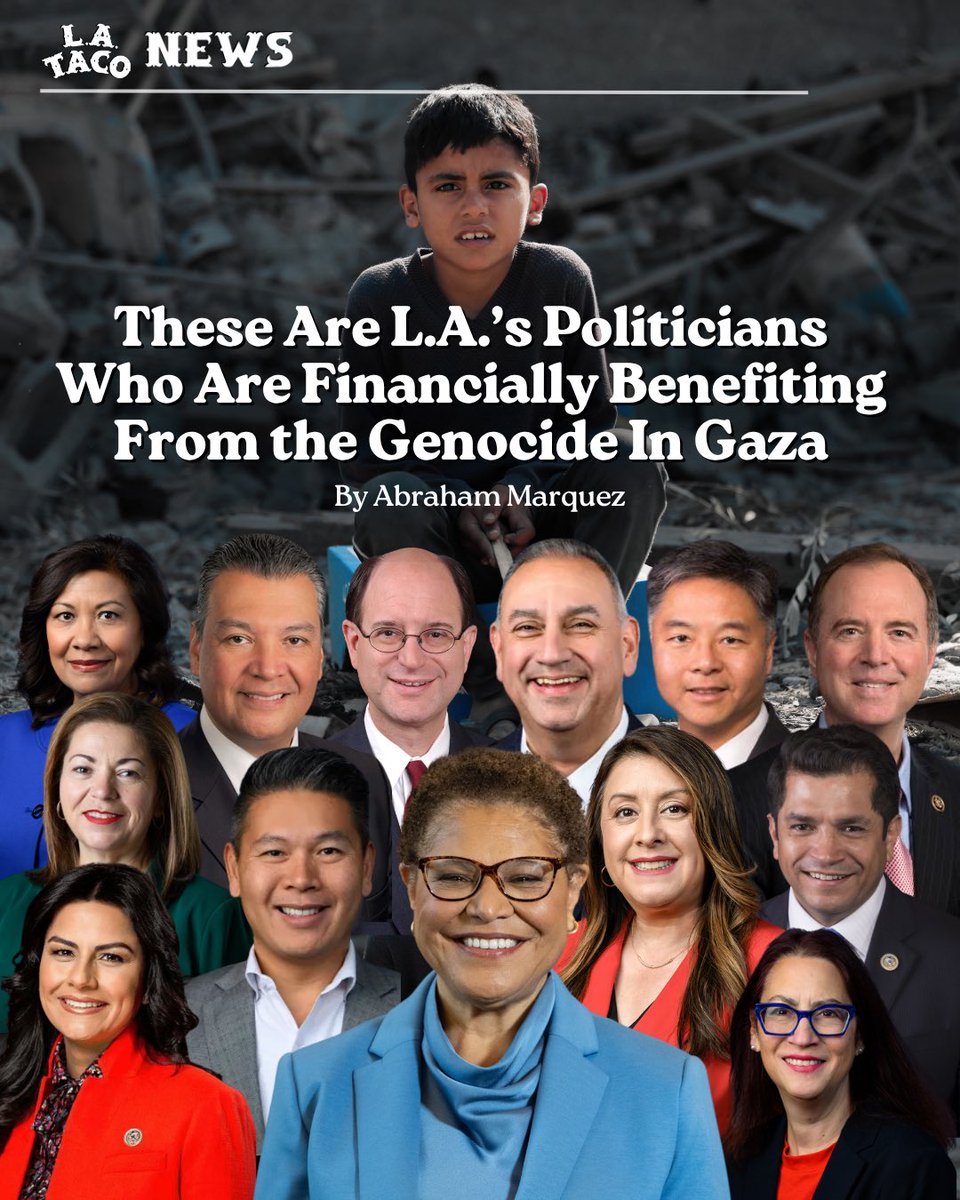 L.A. TACO🌴🌮 (@lataco) on Twitter photo Whether through indifference, incompetence, or political calculation, these leaders have allowed atrocities to unfold slowly, often being paid by the Israeli lobby to provide political cover for Israel’s war crimes.
By <a href="/abemarquez3/">Abraham Márquez</a>
The full story: lataco.com/politicians-si… Whether through indifference, incompetence, or political calculation, these leaders have allowed atrocities to unfold slowly, often being paid by the Israeli lobby to provide political cover for Israel’s war crimes.
By <a href="/abemarquez3/">Abraham Márquez</a>
The full story: lataco.com/politicians-si…
