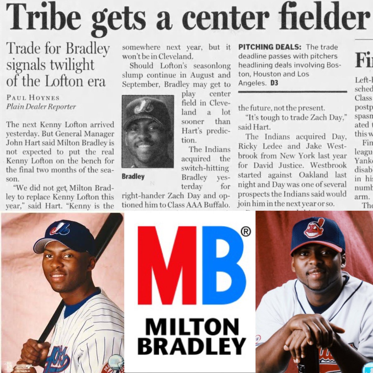 July 31, 2001: Yahtzee !⚾️

Tribe acquires OF Milton Bradley from Expos

Asst GM Mark Shapiro views Bradley as eventual replacement for Kenny Lofton (note: Kenny is irreplaceable!)

A volatile 2 yrs in CLE
2003: .321/10 HR/56 RBI, clashed often w/ Mgr. Eric Wedge

#TheMadman