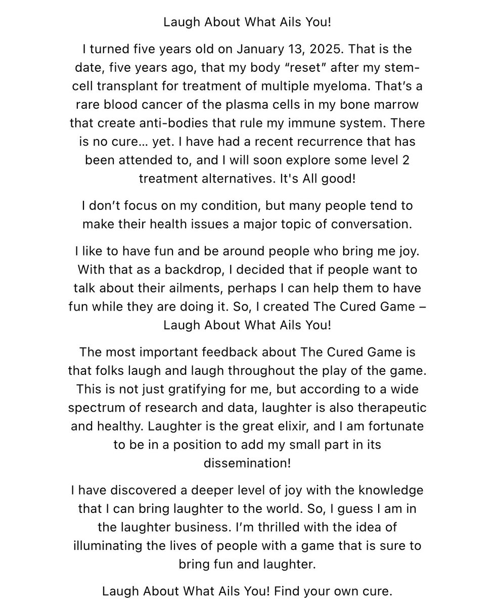 Jordan Gauthier (@drjgauthier) on Twitter photo One of our dear patients in the <a href="/fredhutch/">Fred Hutch Cancer Center</a> Immunotherapy Clinic created a wonderful card game called CURED!
His goal was to bring laughter to people with health problems.
Learn more about his story here:
curedgame.com
All proceeds are going to cancer research.
Please One of our dear patients in the <a href="/fredhutch/">Fred Hutch Cancer Center</a> Immunotherapy Clinic created a wonderful card game called CURED!
His goal was to bring laughter to people with health problems.
Learn more about his story here:
curedgame.com
All proceeds are going to cancer research.
Please