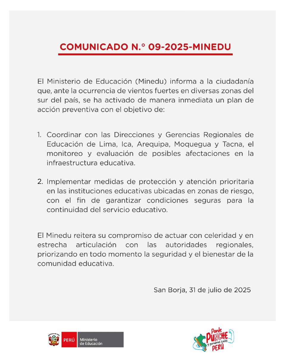 #Comunicado | Ante la ocurrencia de vientos fuertes en diversas zonas del sur del país, el Ministerio de Educación informa a la ciudadanía lo siguiente:
