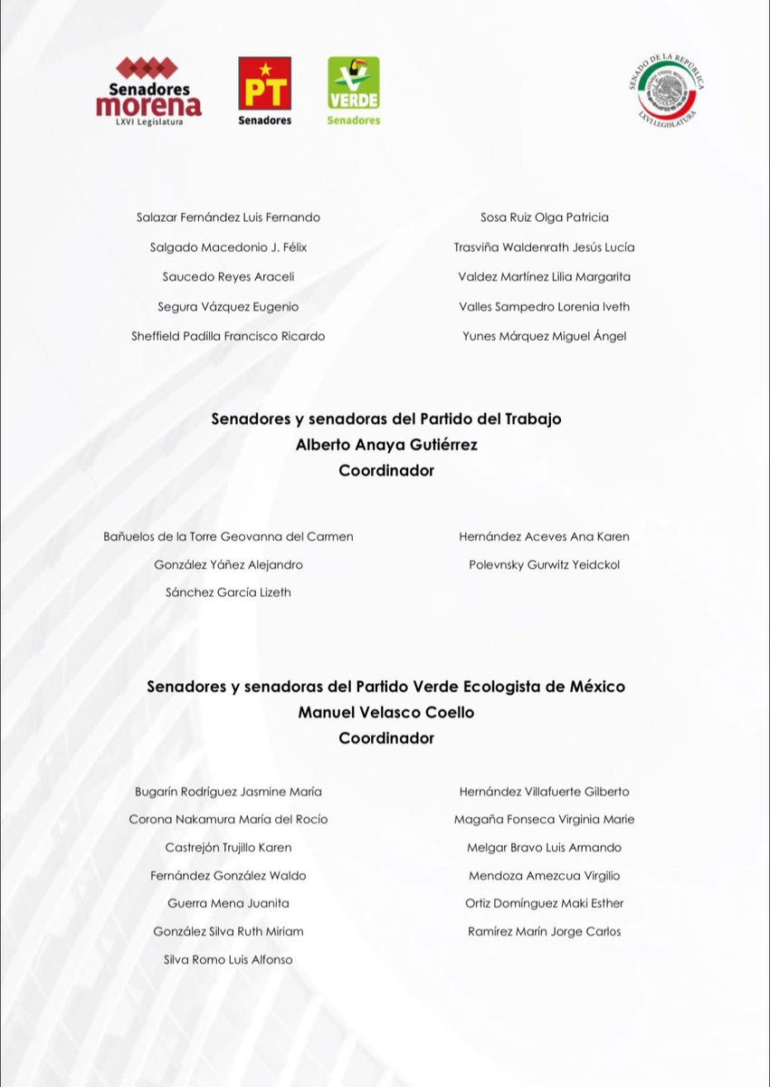 Desde los Grupos Parlamentarios de Morena, PT y PVEM en el Senado de la República, expresamos nuestro pleno respaldo a la presidenta Claudia Sheinbaum Pardo tras la exitosa conversación sostenida esta mañana con el presidente de los Estados Unidos de América. 

#MéxicoConClaudia