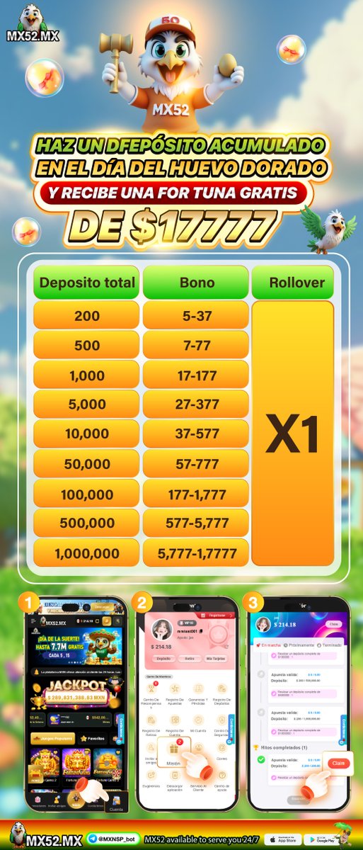 mxn5212's tweet photo. 💫 ¡Atención miembros con depósito!💫

¡No olvides reclamar tu boleto del Huevo Dorado, con un premio máximo de 💲17,777!

💰 Solo necesitas depositar 🤑200 o más para obtener tu boleto y participar de inmediato en la Ruleta Dorada para ganar grandes premios. https://t.co/uAIxJdpETn