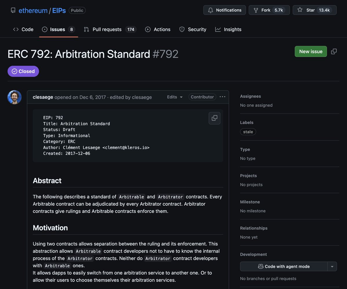Kleros_io's tweet photo. 🔹@ethereum’s history is intertwined with Kleros.

Did you know we contributed ERC-792, the Arbitration Standard? In December, 2017.

✍️ Author: @clesaege.

Check out the original proposal on GitHub 👇 https://t.co/4Xji9Fmo17