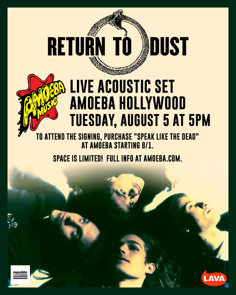 Amoeba Music (@amoebamusic) on Twitter photo .<a href="/Returntodustbnd/">Return to Dust</a> is doing an acoustic set + signing the "Speak Like The Dead" EP at Amoeba Hollywood Tuesday, August 5 at 5pm!
✨ Show is free & all-ages. To get a signing ticket, purchase "Speak Like The Dead" at Amoeba starting THIS FRIDAY, 8/1.
Info: bit.ly/4kR9Q3O .<a href="/Returntodustbnd/">Return to Dust</a> is doing an acoustic set + signing the "Speak Like The Dead" EP at Amoeba Hollywood Tuesday, August 5 at 5pm!
✨ Show is free & all-ages. To get a signing ticket, purchase "Speak Like The Dead" at Amoeba starting THIS FRIDAY, 8/1.
Info: bit.ly/4kR9Q3O