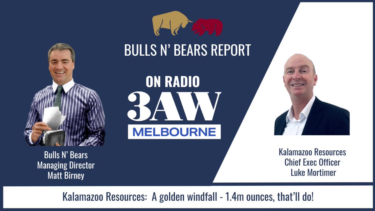 Tune in to <a href="/3AW693/">3AW Melbourne</a> from 1:20pm AEST to hear <a href="/KalamazooRes/">Kalamazoo Resources (ASX:KZR)</a> CEO Luke Mortimer talk about Kalamazoo clawing back its stellar Ashburton gold project after a Northern Star option over it expired.

Click 3aw.com.au/tag/public-com… from 1:20pm AEST

$KZR #BullsNBearsReport #ASX