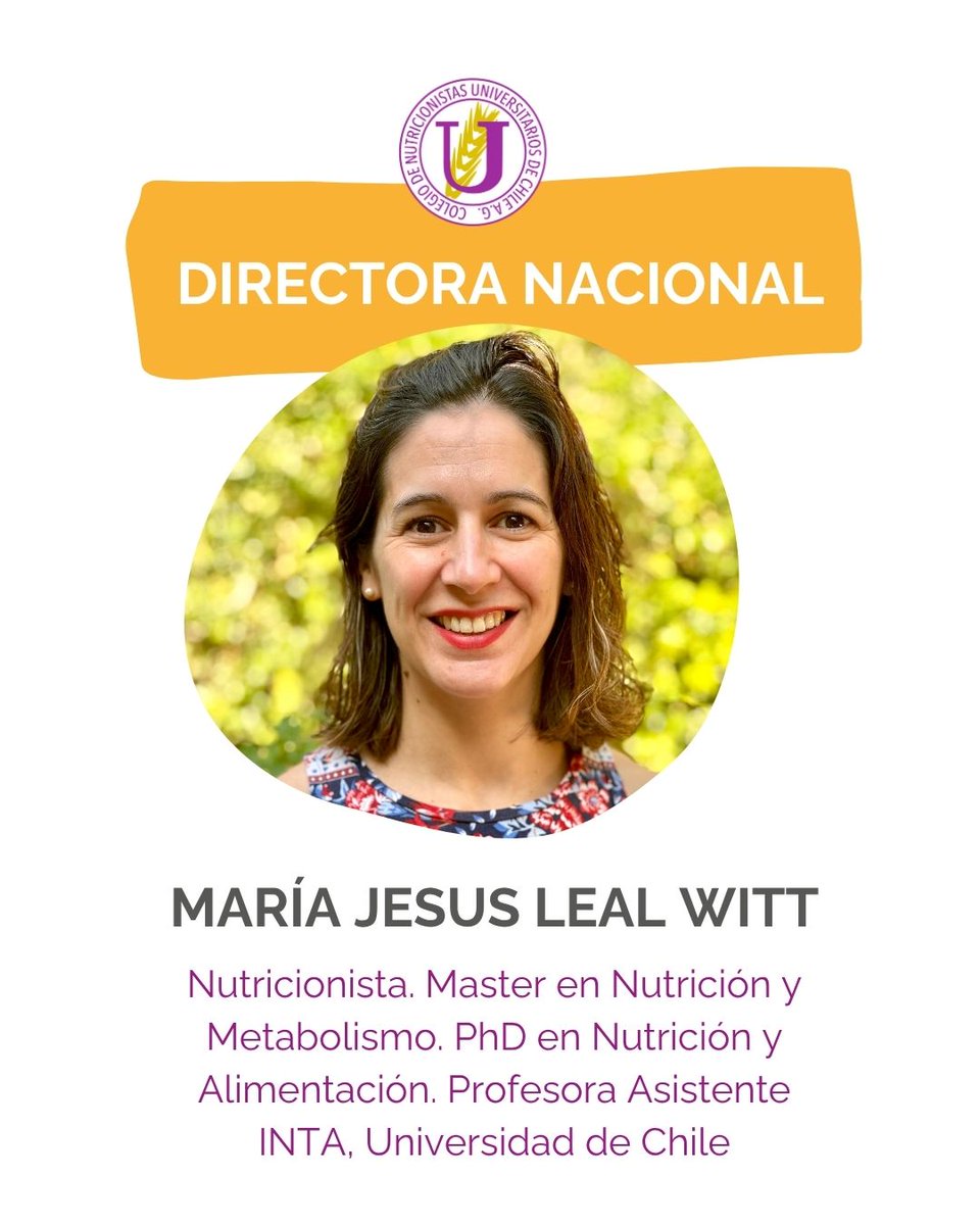 nutrichile's tweet image. 🎉 Conoce a nuestra Directora Nacional! 🎉

👉 María Jesús Leal Witt 
💪 Destacada en nutrición clínica, investigación y docencia y arte del grupo de Académico y profesora asistente del INTA. U. de Chile.
#ColegiodeNutricionistas