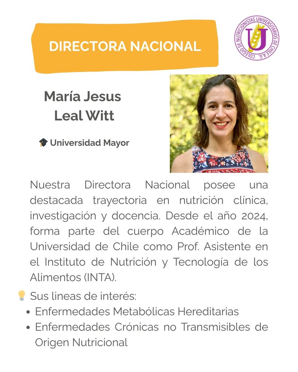 nutrichile's tweet image. 🎉 Conoce a nuestra Directora Nacional! 🎉

👉 María Jesús Leal Witt 
💪 Destacada en nutrición clínica, investigación y docencia y arte del grupo de Académico y profesora asistente del INTA. U. de Chile.
#ColegiodeNutricionistas