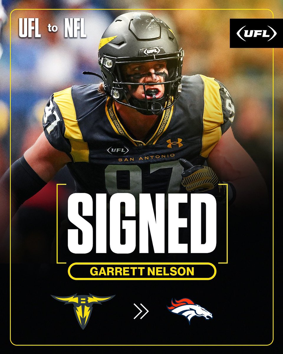 United Football League (@theufl) on Twitter photo San Antonio โก๏ธ Denver
OLB Garrett Nelson officially signs with the <a href="/Broncos/">Denver Broncos</a>
#UFLtoNFL San Antonio โก๏ธ Denver
OLB Garrett Nelson officially signs with the <a href="/Broncos/">Denver Broncos</a>
#UFLtoNFL