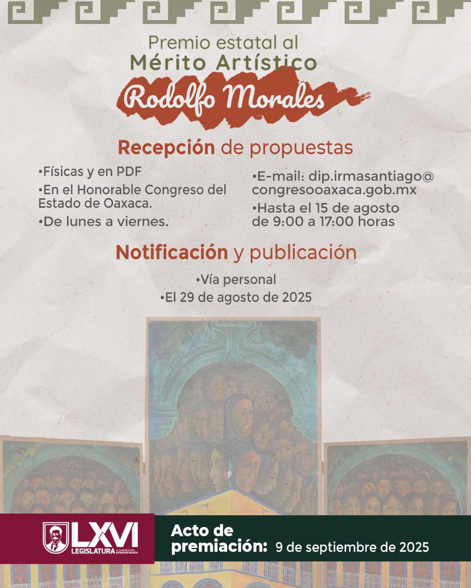 Te compartimos la convocatoria al premio estatal al Mérito Artístico Rodolfo Morales.

Participa y envia tus propuestas.
 
Conoce las bases en: goo.su/XvDPzUq