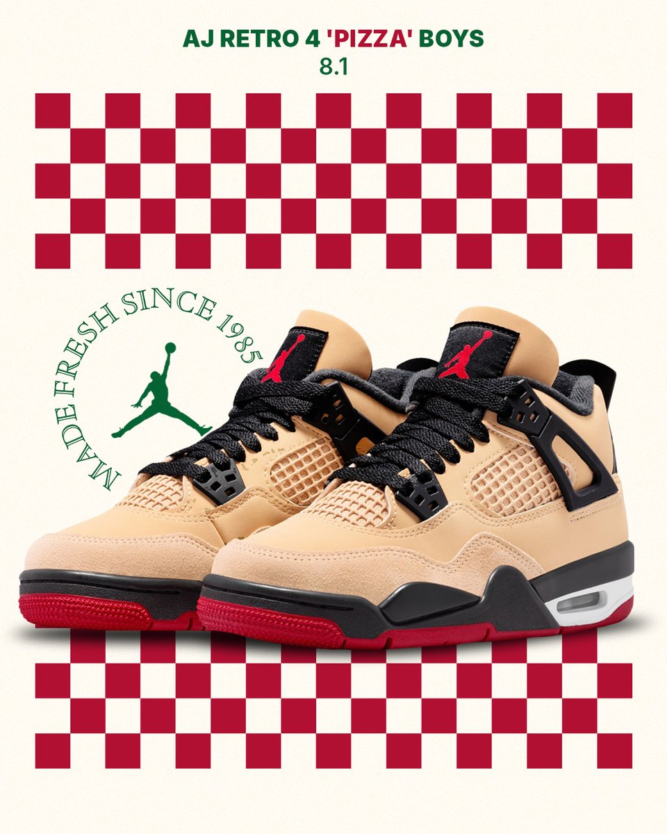hibbettofficial's tweet image. 🍕 The Jordan 4 Retro &quot;Pizza&quot; launches tomorrow at 10am EST in kids sizes.🍕 #jordan #retro4 #pizza

Link: tinyurl.com/yt4a82t5