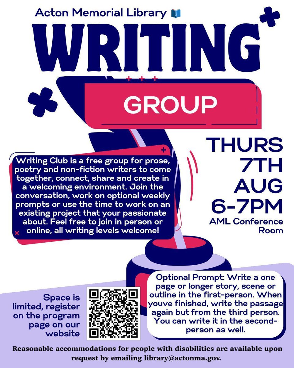 ActonMemorialLibrary (@actonmemlibrary) on Twitter photo Join us next Thursday, August 7th for Adult Writing Club from 6-7pm in the AML Conference Room! To see the optional prompt and to register for a spot, go to the program page on our website: …emoriallibrary.assabetinteractive.com/calendar/adult… All writing levels welcome!
See bio for accessibility info. Join us next Thursday, August 7th for Adult Writing Club from 6-7pm in the AML Conference Room! To see the optional prompt and to register for a spot, go to the program page on our website: …emoriallibrary.assabetinteractive.com/calendar/adult… All writing levels welcome!
See bio for accessibility info.