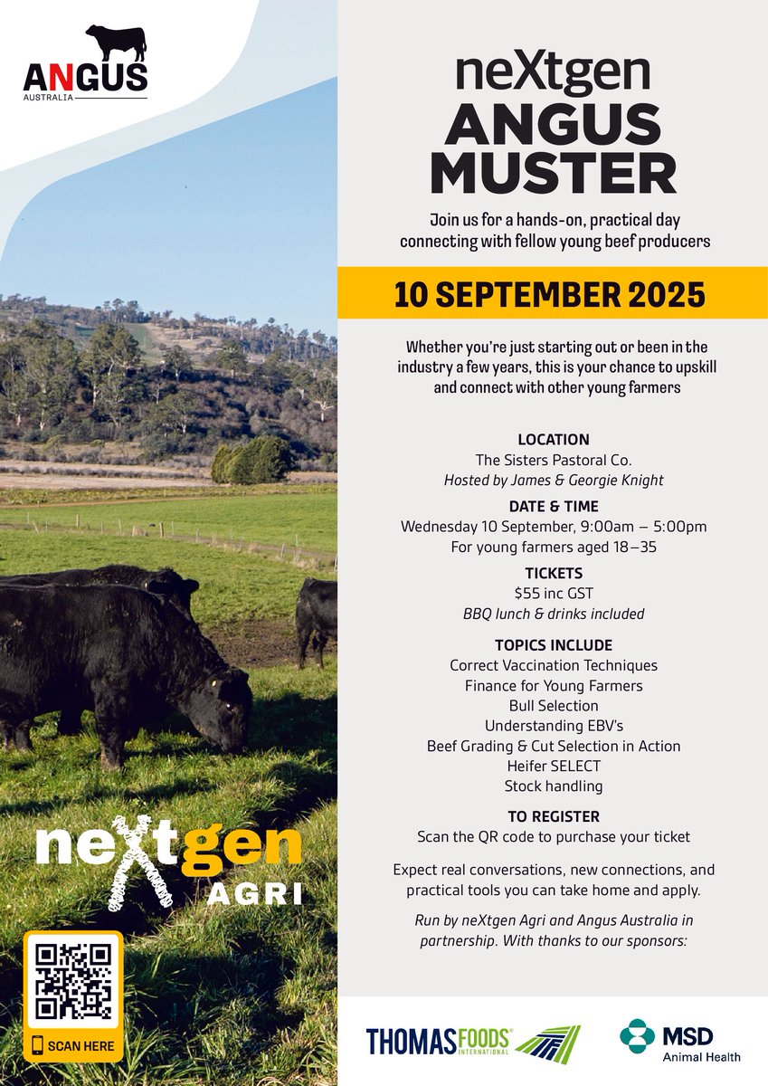 The neXtgen Angus Muster is coming!

🗓️ Wed 10 Sep 2025 | 9am-5pm
📍The Sisters Pastoral Co. (hosted by James and Georgie Knight)
👥 For young farmers aged 18–35
🎟️ $55 | BBQ lunch &amp; drinks included

Buy your tickets here: buff.ly/NtUvYLv.