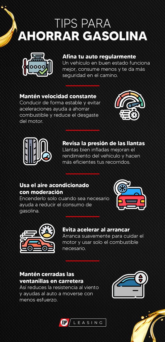 TIPMexico's tweet image. ⛽️ Cada kilómetro es una oportunidad para ahorrar gasolina, reducir gastos y manejar con responsabilidad. ¡Hazlo parte de tu rutina con estos tips! ⛽️ #TIPMéxico #TIPLeasing