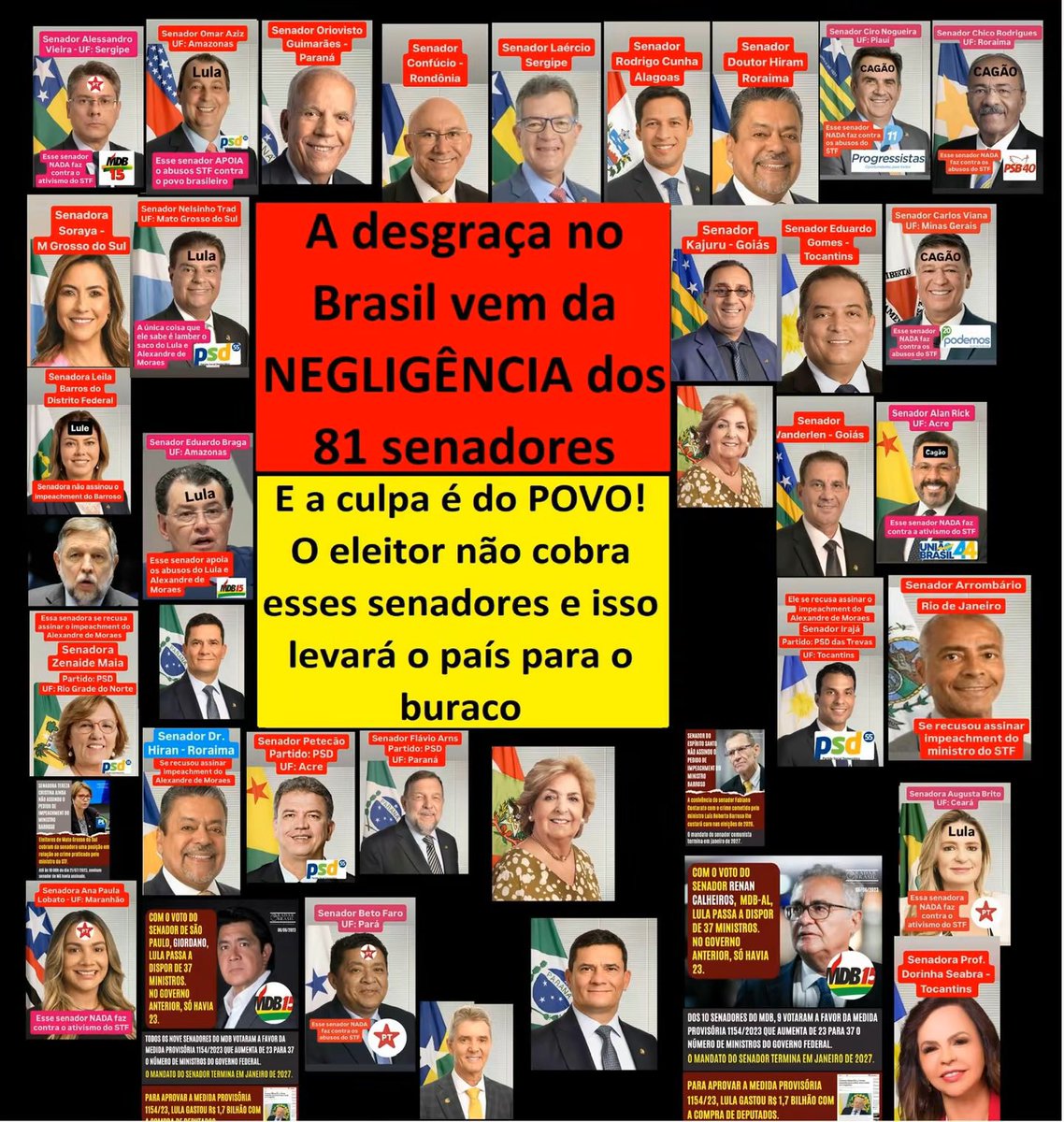 CallaniMarcello's tweet photo. @anapaulahenkel @TerezaCrisMS Tá na hora povo expurgar os senadores.

A desgraça em que se encontra o Brasil é culpa da NEGLIGÊNCIA dos nossos 81 senadores !!
"O PAI DO STF É O SENADO"

#SenadoFederalVergonhaNacional 
#AcordaBrasileiro
#AcordaPovoBrasileiro https://t.co/SV9C1nws6Z