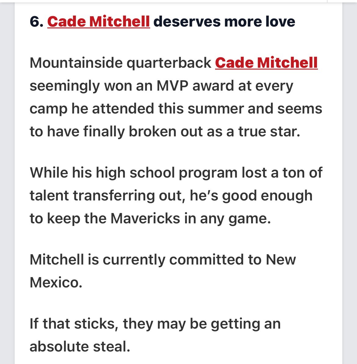 Cade Mitchell (3⭐️ QB) (@cademitchell08) on Twitter photo Always appreciate the love <a href="/AndrewNemec/">Andrew Nemec</a> and the kind words🤞🏾
<a href="/flyguyhuey5/">Houston Lillard</a> <a href="/BrandonHuffman/">Brandon Huffman</a> <a href="/JordanJ_/">Jordan Johnson</a> <a href="/MavHSFB/">Mountainside HS Football</a> <a href="/CoachWhitleyII/">Will Whitley</a> Always appreciate the love <a href="/AndrewNemec/">Andrew Nemec</a> and the kind words🤞🏾
<a href="/flyguyhuey5/">Houston Lillard</a> <a href="/BrandonHuffman/">Brandon Huffman</a> <a href="/JordanJ_/">Jordan Johnson</a> <a href="/MavHSFB/">Mountainside HS Football</a> <a href="/CoachWhitleyII/">Will Whitley</a>