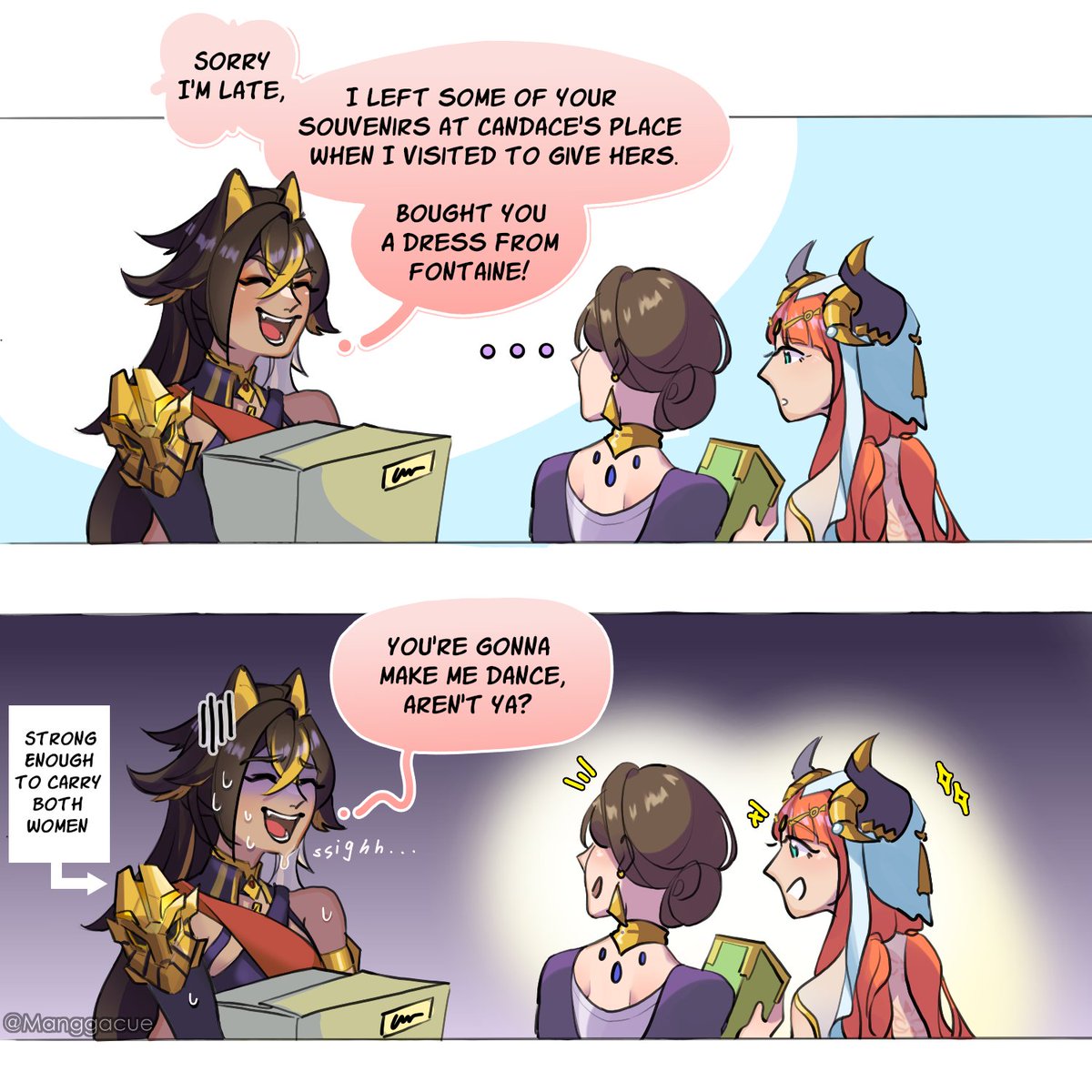 Manggacue's tweet photo. The anecdotes are making me rabid I swear.. Everywhere she goes, all she can think of is Dunyarzad-

#GenshinImpact #dehya #genshinimpactfanart https://t.co/eY9Ma7EZ5s