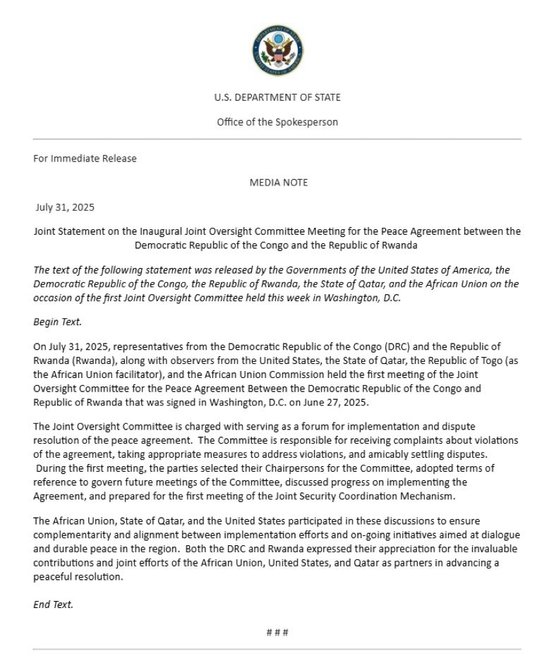 Accord de paix #RDC-Rwanda : Le 31 juillet 2025, des représentants de la République démocratique du Congo (RDC) et de la République du Rwanda (Rwanda), ainsi que des observateurs des États-Unis, de l’État du Qatar, de la République du Togo (en tant que facilitateur de l’Union