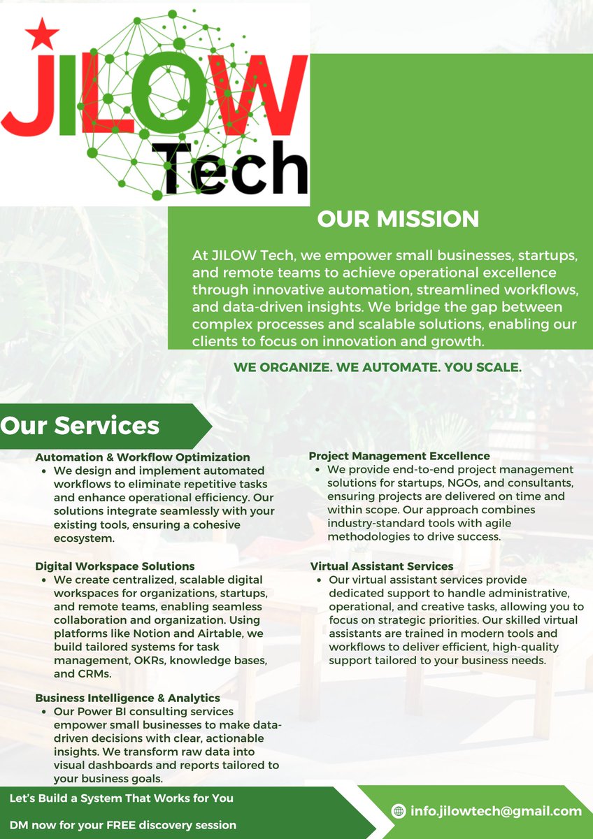 JILOWTech's tweet image. Struggling with scattered workflows &amp;amp; manual tasks?
At JILOW Tech, we help businesses scale through:
⚙️Automation
📊BI Dashboards
🧠Centralized Workspaces (Notion, Airtable, ClickUp)
🤝Virtual Assistance
📈Agile Project Delivery

📩DM us for a FREE discovery session!

 #JILOWTech