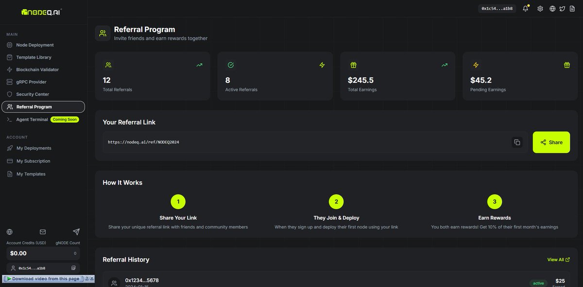 NodeQ Ai – Multi-Chain Ops (@nodeqai_eth) on Twitter photo 🎉 Introducing the NodeQ.AI Referral Program — Coming Soon!
Invite friends, share your unique link, and earn rewards when they deploy their first node.
👥 3 Simple Steps:
1️⃣ Share your referral link
2️⃣ They deploy a node
3️⃣ You both earn — 10% of their first 🎉 Introducing the NodeQ.AI Referral Program — Coming Soon!
Invite friends, share your unique link, and earn rewards when they deploy their first node.
👥 3 Simple Steps:
1️⃣ Share your referral link
2️⃣ They deploy a node
3️⃣ You both earn — 10% of their first