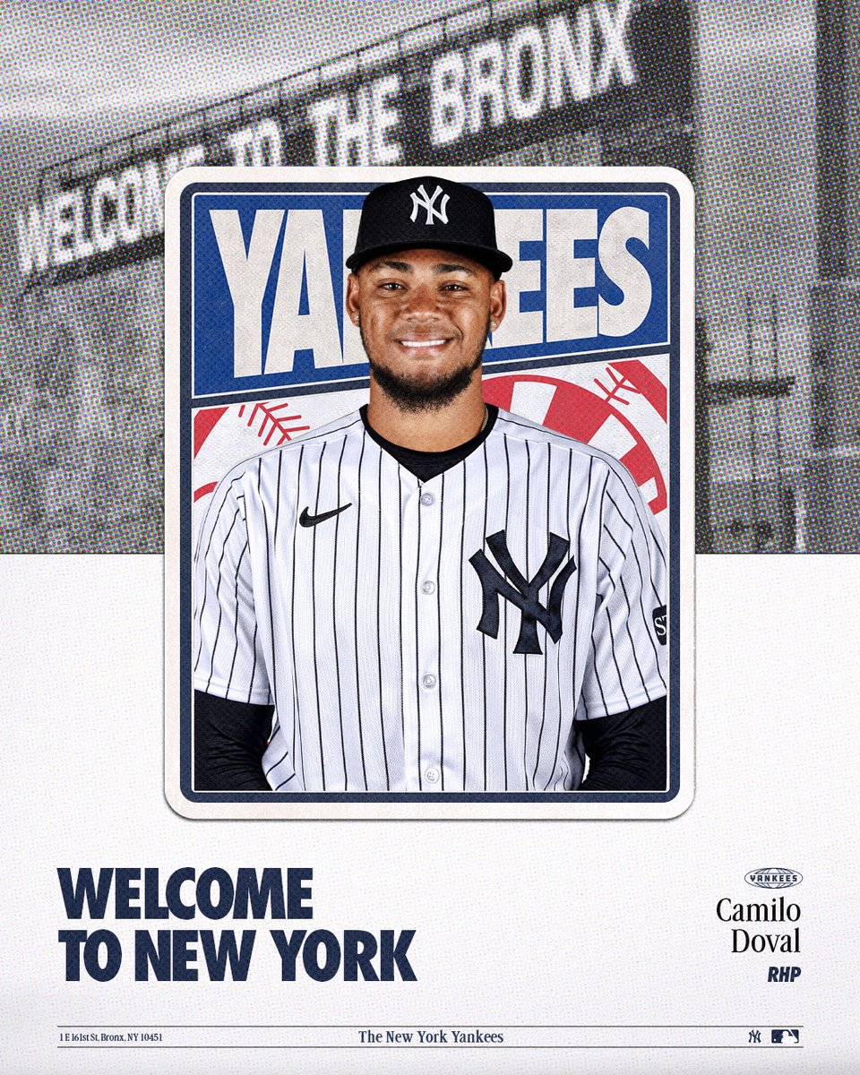 Yankees's tweet photo. Welcome to Pinstripes, Camilo Doval 🔥

#RepBX https://t.co/Zd69QkbV29