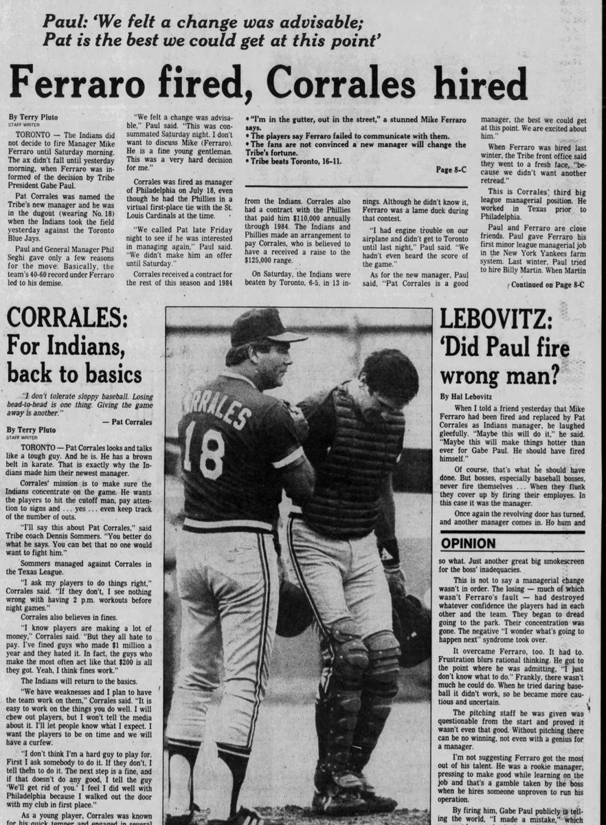 July 31, 1983: Not Standing Pat⚾️

Indians make managerial change

OUT: Mike Ferraro
IN: Pat Corrales

Pat 5 yrs in CLE highlighted by:

• charging mound/karate kick of A’s P Dave Stewart
• guided EPIC 1986 team

#TerryPluto