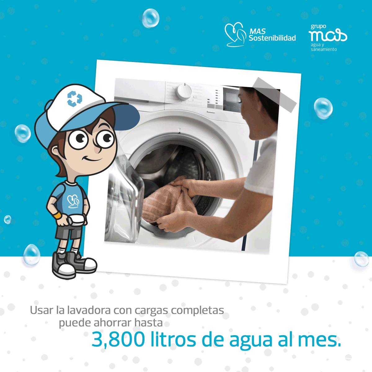 GrupoMASAgua's tweet photo. 🧺💧 ¡Ahorra agua con cada carga!
Usar la lavadora solo cuando esté llena puede ayudarte a ahorrar hasta 3,800 litros de agua al mes.
Pequeñas acciones en casa pueden hacer una gran diferencia para el planeta. 🌍
#CuidemosElAgua #UsoResponsable #AhorroEnCasa #GrupoMAS #MASPorNuestroPlaneta