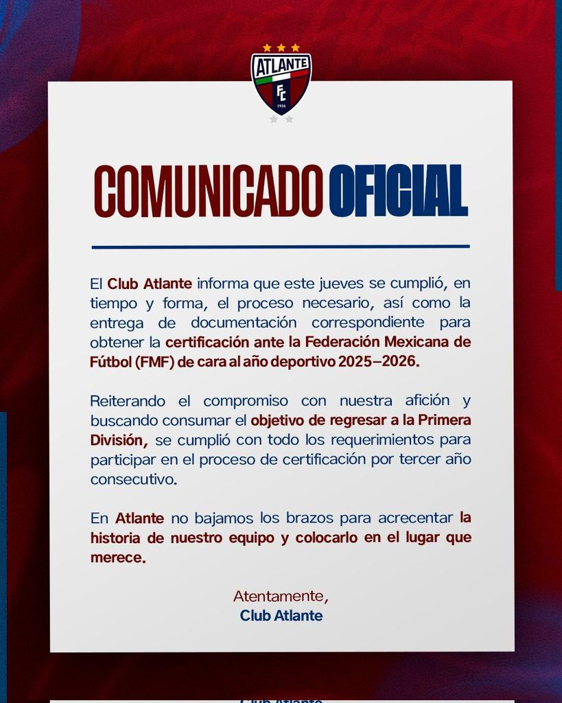 🚨 A NUESTRA AFICIÓN, MEDIOS Y PÚBLICO EN GENERAL 🚨

#SerAtlante
#SerDeHierro