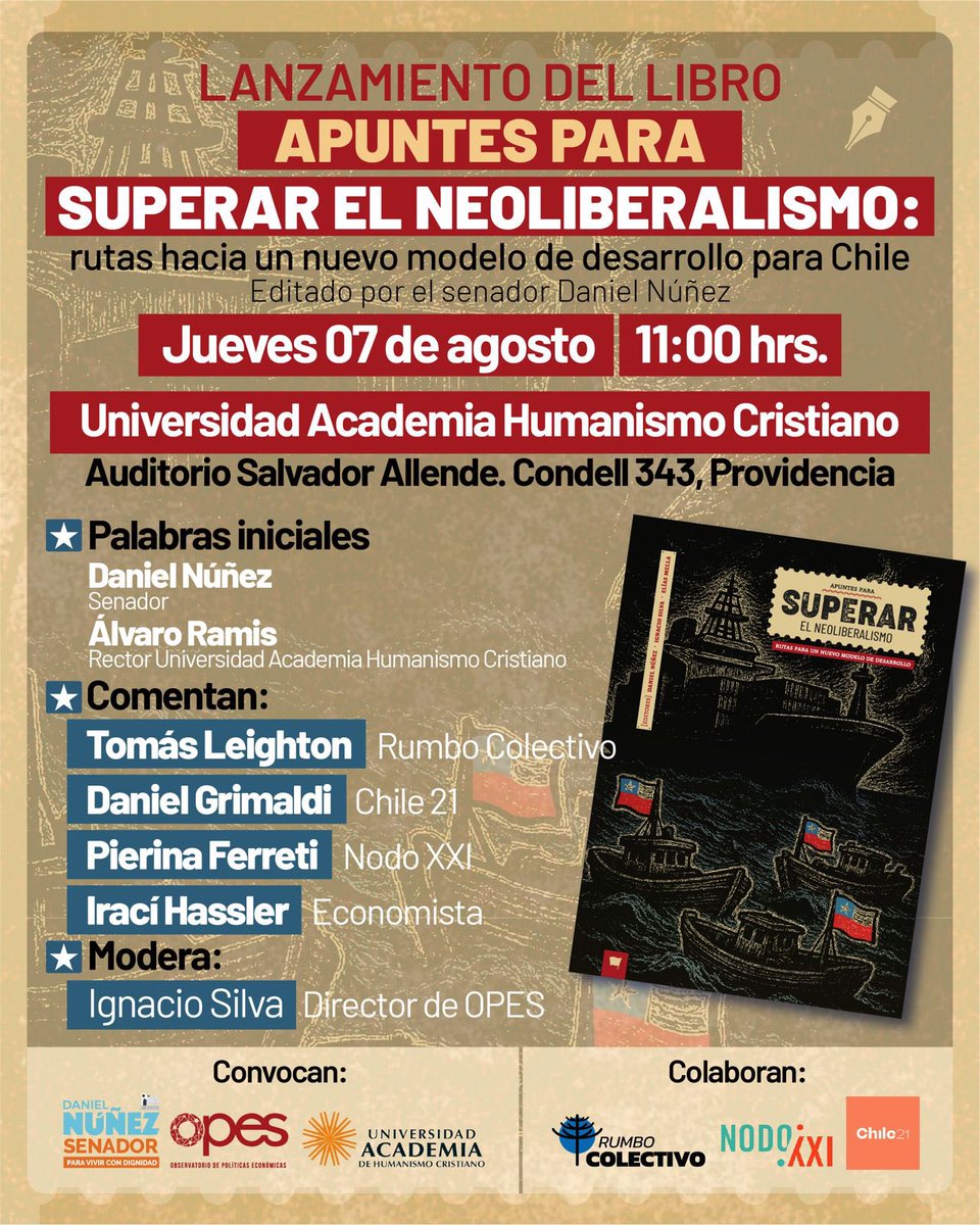 📚 ¡Volvemos a lanzar Apuntes para superar el neoliberalismo en Santiago!

📍 Universidad Academia de Humanismo Cristiano – Condell 343, Providencia

🗓️ Jueves 07 de agosto | 🕚 11:00 hrs