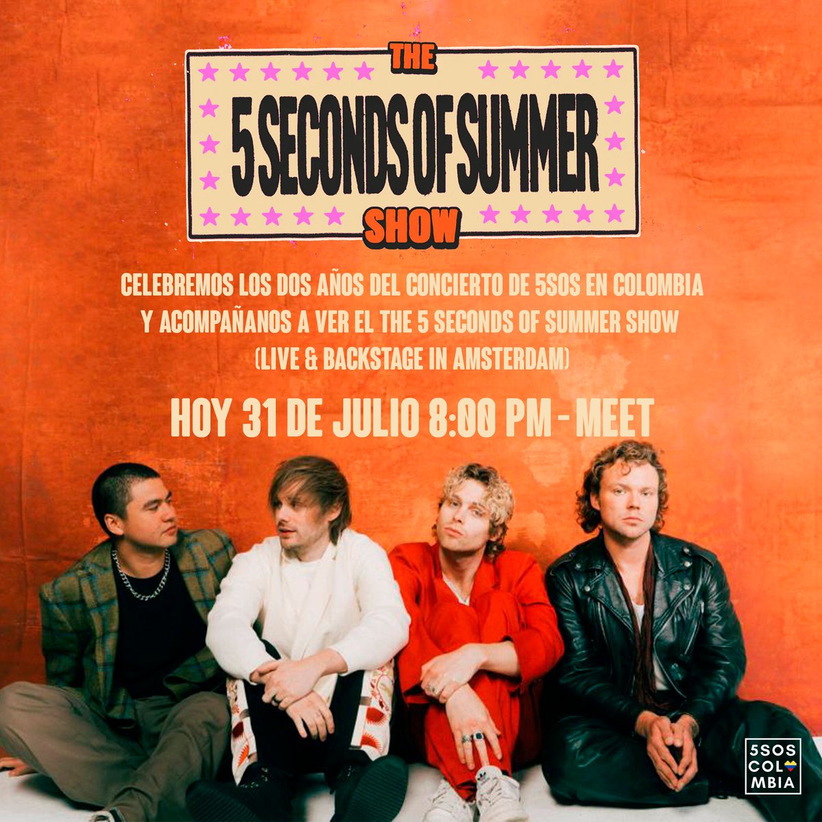 Hola Fam!
Hoy vamos a celebrar (llorar🥹) recordando uno de nuestros días favoritos y veremos el The 5 Seconds of Summer Show (Live &amp; Backstage In Amsterdam) para que nos acompañen.
Hoy a las 8PM Vía Meet

Les dejo el link: meet.google.com/ofm-rqht-vfs?a…

Nos vemos en unas horitas 🥹