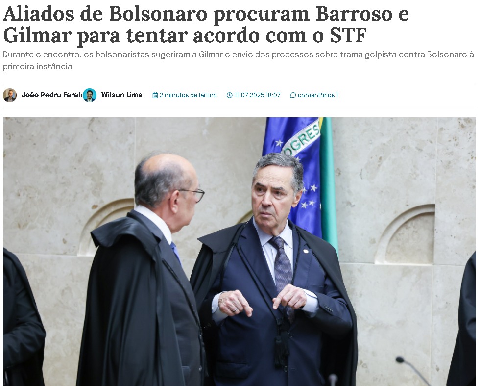 Aliados de Bolsonaro foram a Gilmar Mendes tentar um acordo.
O encontro foi mediado "apenas" por Rodrigo Maia. Repito...Rodrigo Maia. Anotem, já ja ele será um "patriota" viu. Entendeu o porque protegeram o Gilmar, o Barroso, o Toffoli e demais?
Bolsonaro sempre foi uma farsa.