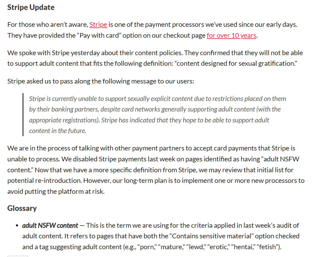 Payment processors just blinked. Collective Shout about to be mega-triggered.

Itch. io to reindex adult content. 

Itch has posted an update saying they will be relisting the content that was taken down, and that conversations with their Payment Processors are ongoing.

It's