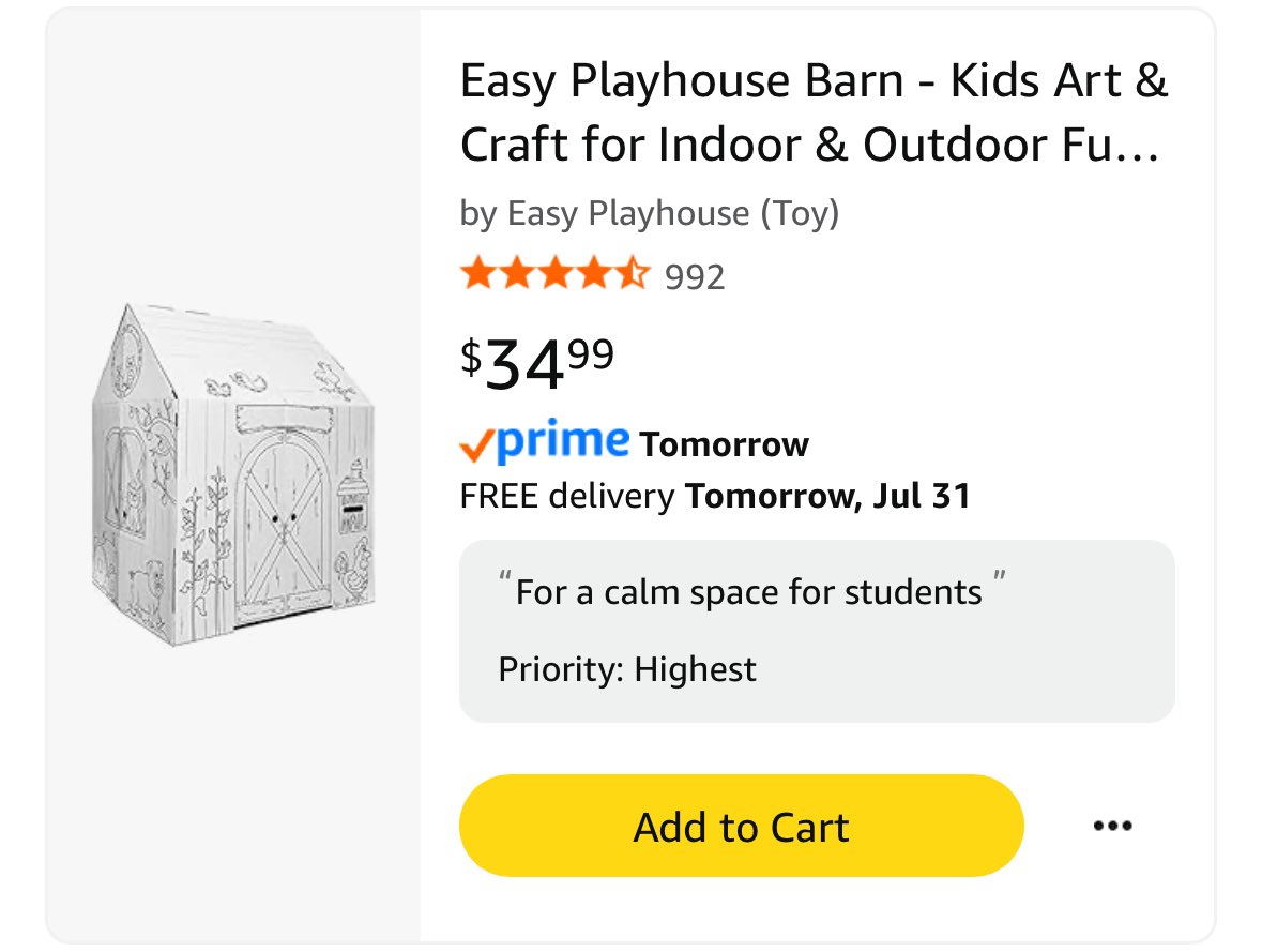 bassonrdabettr's tweet image. One of my sweet students needs a calm spot, and all they want is a cardboard house 🏠💛 Desperately trying to make it happen before day one!
If you can help, it’s on my list 📦
amzn.to/3QkVtcv
#ClearTheList #teachertwitter #spedchat #3to5autism