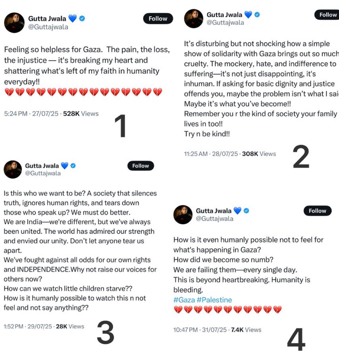During the Pahalgam attack, she couldn’t post even a single tweet for her own people and her own country, because her period was on.

Now that things are normal, she’s posted 4 tweets for Gaza. 😃🤣😂😅

What a shameless losers 😃😅🤣😂