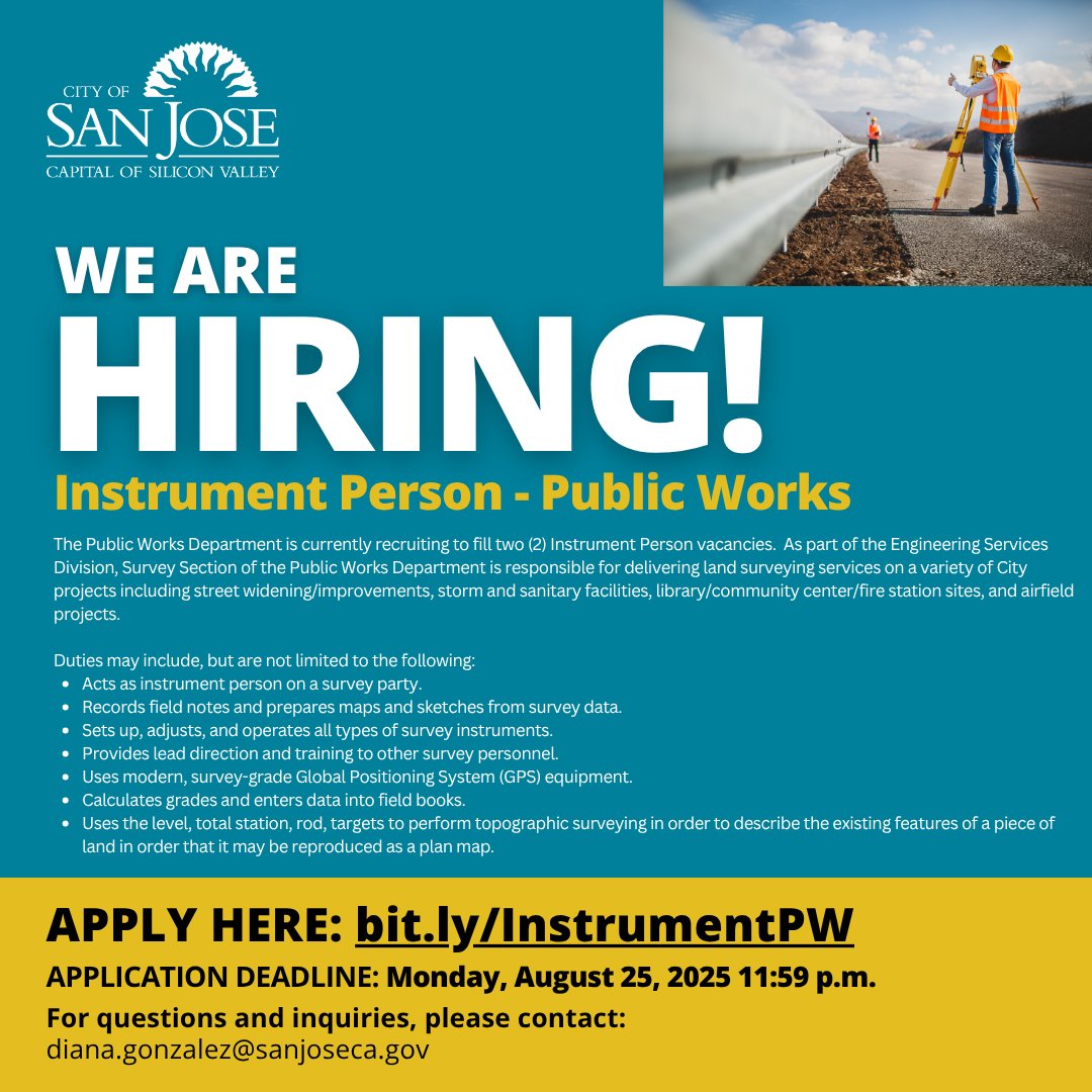 The Public Works Department is currently recruiting for (2) Instrument Person vacancies. An Instrument Person performs a variety of sub-professional surveying and engineering functions of moderate difficulty either on a survey crew in the field or in the Survey Section Office.