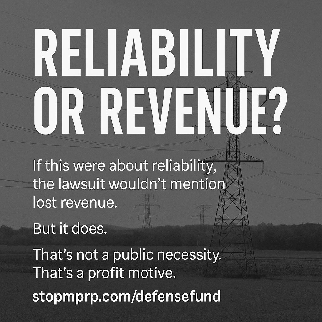 STOPMPRP's tweet photo. If this were about reliability, the lawsuit wouldn’t mention lost revenue.
But it does.
That’s not a public necessity. That’s a profit motive.
https://t.co/gPL5NCI7Rt
#StopMPRP #ProtectOurLand #CancelTheMPRP #DefendMaryland https://t.co/ANUYebXiSM