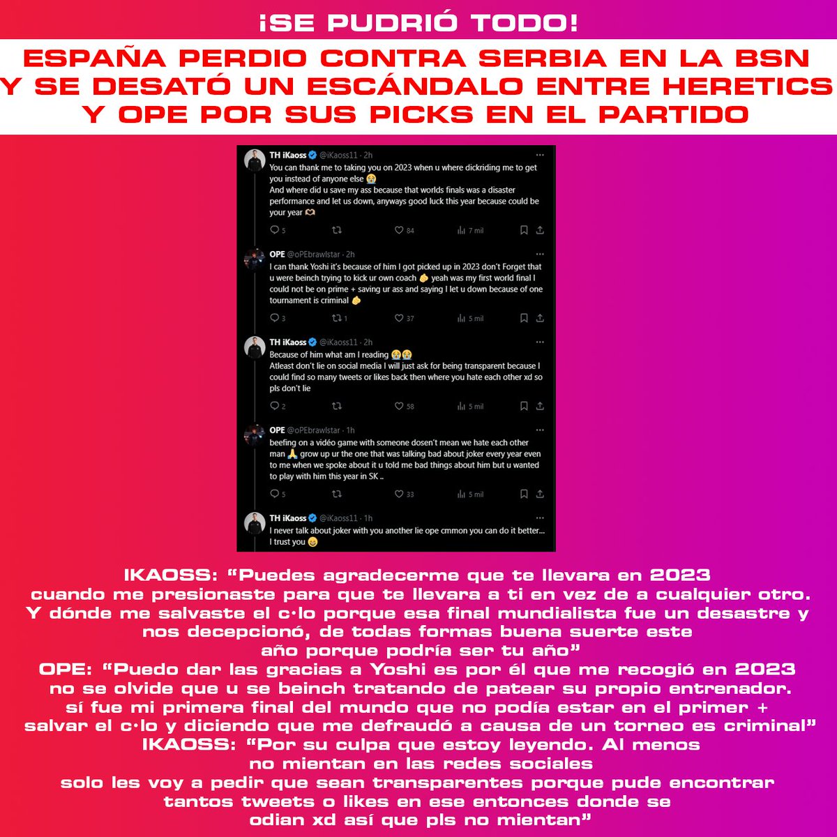 ItsRadioOK's tweet photo. 🔥 ¡SE PICÓ ENTRE OPE E IKAOSS!

💀 Luego de consumada la derrota de la selección Española contra la de Serbia en la BSN, Ope salió a la carga contra Ikaoss en X tras su actuación de esta tarde.

#VamosHeretics #Ikaoss #Ope #Beef https://t.co/VHgJS20dnH
