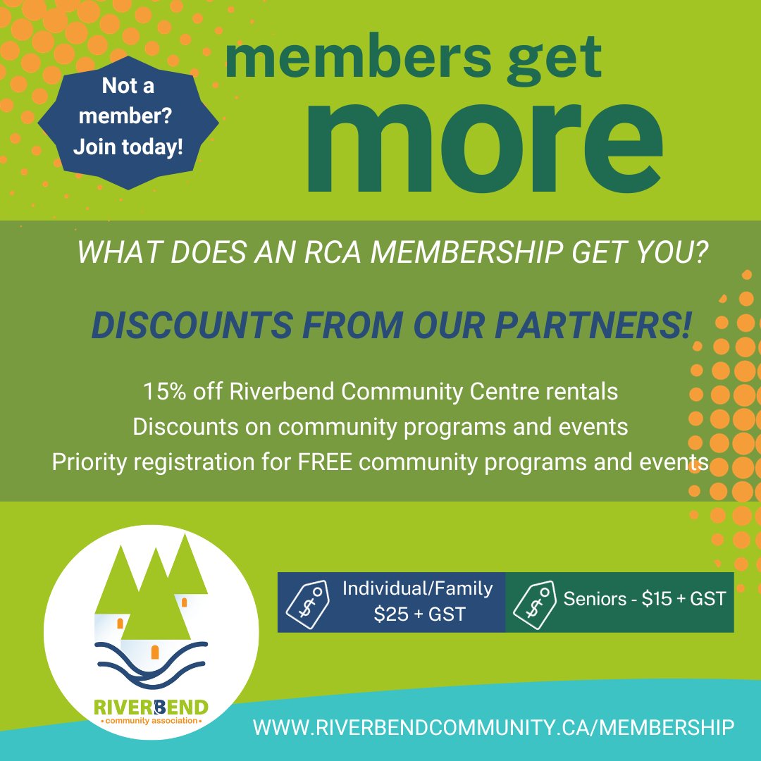What does an RCA Membership get you? Great discounts from our partners and 15% off community centre rentals! 

Become a member today! Only $25 for families/individuals or $15 for seniors. 

Visit: riverbendcommunity.ca/membership
#riverbendyyc #member #perks