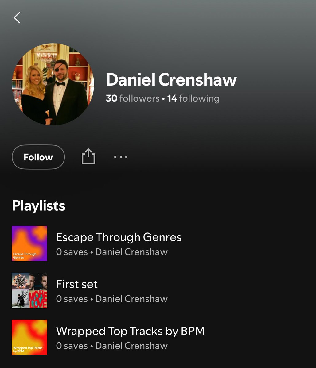 rockypoliticss's tweet photo. Dan Crenshaws spotify was leaked and it includes artists like: Lana Del Rey, Charli xcx, Kim Petras, Olivia Rodrigo, and Kesha. https://t.co/0zKsxYFu6p