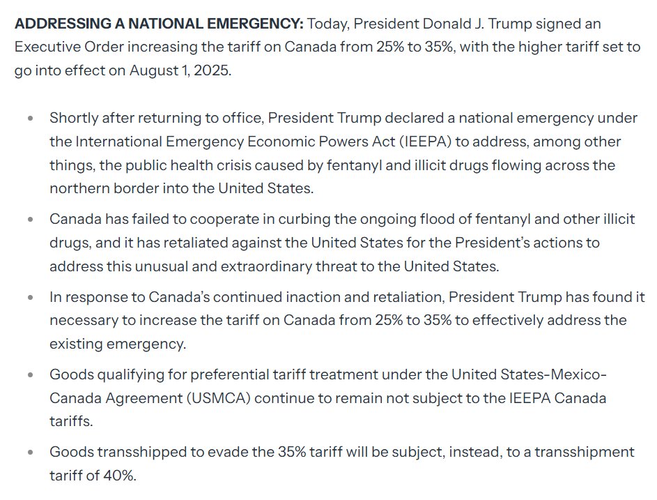 BREAKING: President Trump raises tariffs on Canadian imports from 25% to 35% for "failing to cooperate in curbing the ongoing flood of fentanyl..."