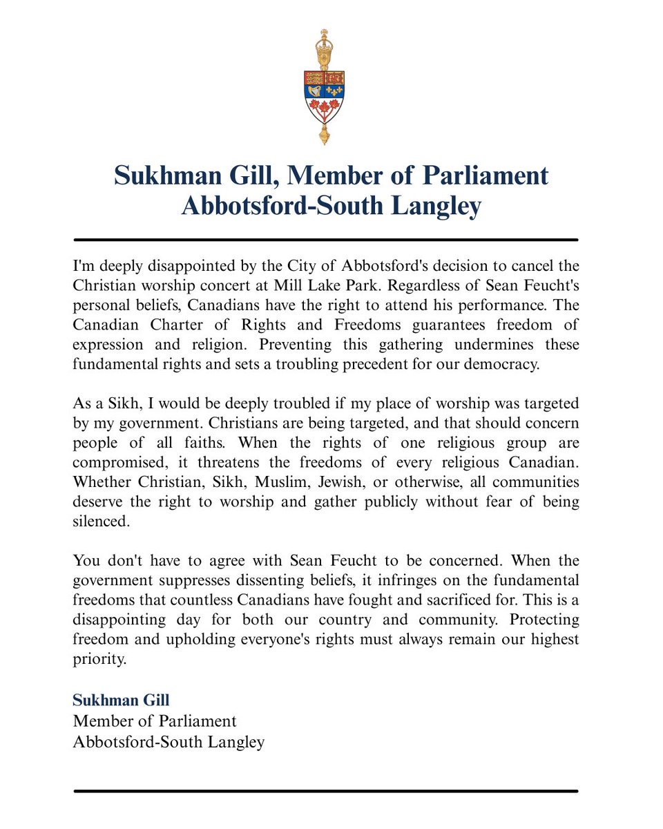 See my statement regarding the City of Abbotsford’s decision to cancel Sean Feucht’s Christian worship concert at Mill Lake Park.