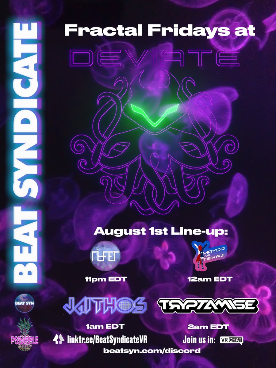Beat Syndicate (@beat_syn) on Twitter photo Join us this Friday for a night of synth dreams and haunting melodies at #DeviateVRC 
Featuring:
#Ridfer
<a href="/MayorofTexas/">Mayor of Texas</a>
<a href="/Jaithos1/">Jaithos</a>
<a href="/Tryptamise/">Tryptamise</a> Join us this Friday for a night of synth dreams and haunting melodies at #DeviateVRC 
Featuring:
#Ridfer
<a href="/MayorofTexas/">Mayor of Texas</a>
<a href="/Jaithos1/">Jaithos</a>
<a href="/Tryptamise/">Tryptamise</a>