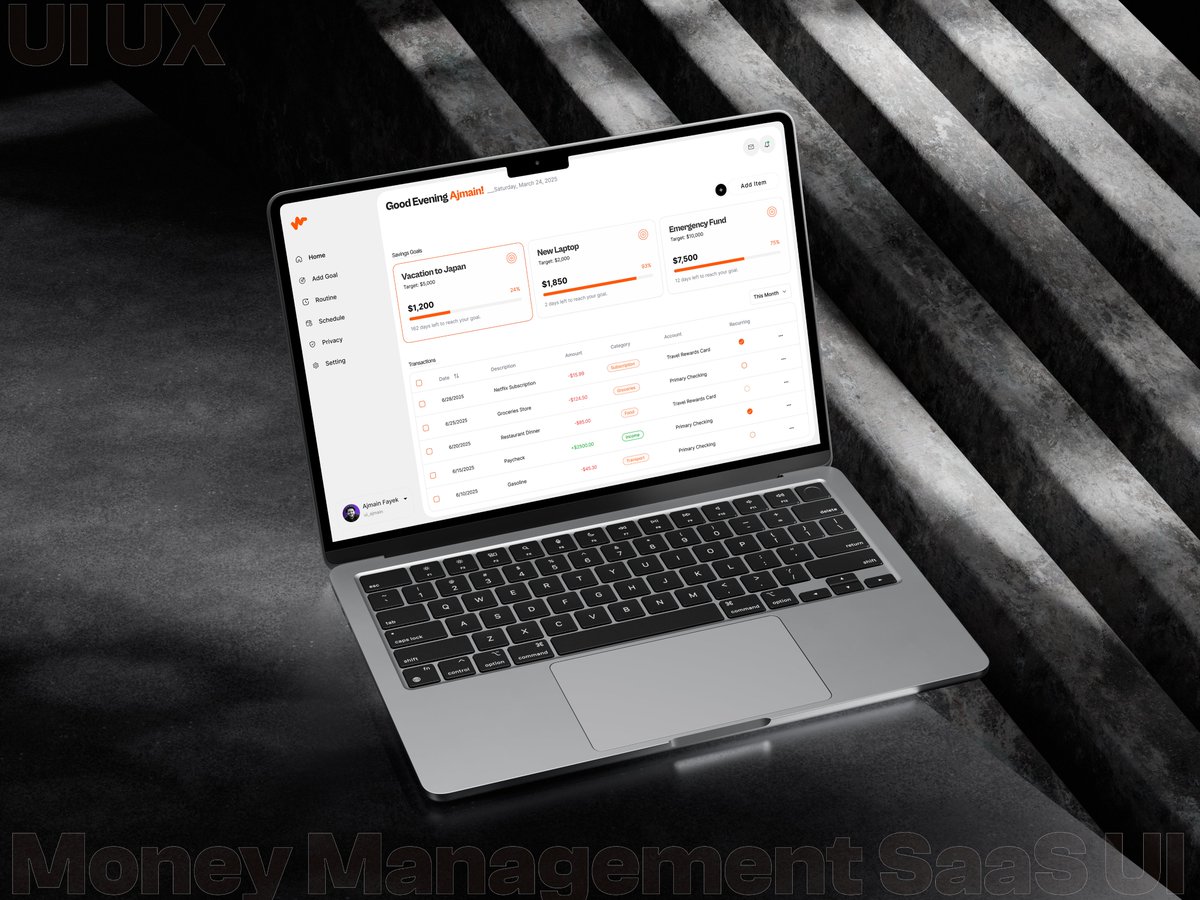 AjmainPro's tweet photo. Most money management apps are messy. So, I designed a clean SaaS dashboard that tracks goals, spending, and habits, all in one place.

Hope you will like it. 
For collaboration DM me ❤️

📌 Dribbble Link-https://t.co/Bw46CI6qrg

#UIUX #FintechDesign #SaaS #DashboardUI #MoneyApp https://t.co/9SX4cyXXpO