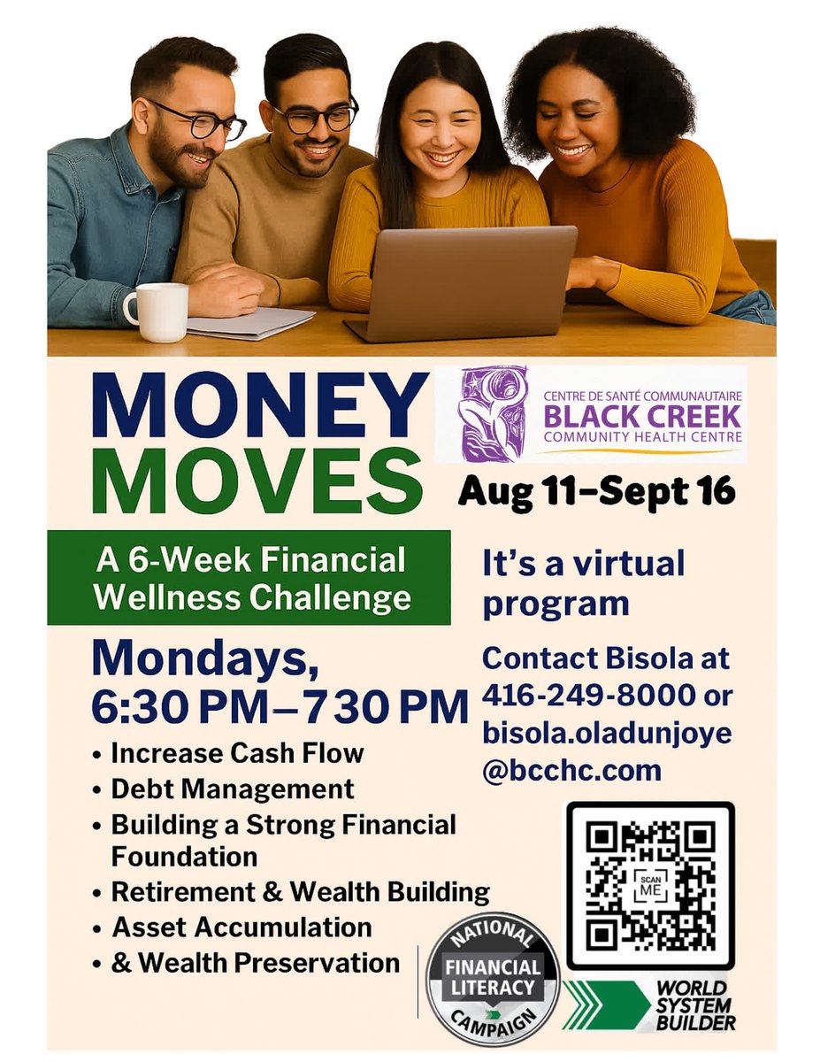 Black Creek CHC (@blackcreekchc) on Twitter photo 💰 Ready to make some #MoneyMoves?
Join Black Creek CHC's FREE 6-week Financial Wellness Challenge – starting Aug 11!
📅 Mondays | ⏰ 6:30–7:30 PM | 💻 Virtual
✅ Cash Flow
✅ Debt Mgmt
✅ Wealth Building
📩 bisola.oladunjoye@bcchc.com
#FinancialLiteracy #TorontoEvents 💰 Ready to make some #MoneyMoves?
Join Black Creek CHC's FREE 6-week Financial Wellness Challenge – starting Aug 11!
📅 Mondays | ⏰ 6:30–7:30 PM | 💻 Virtual
✅ Cash Flow
✅ Debt Mgmt
✅ Wealth Building
📩 bisola.oladunjoye@bcchc.com
#FinancialLiteracy #TorontoEvents