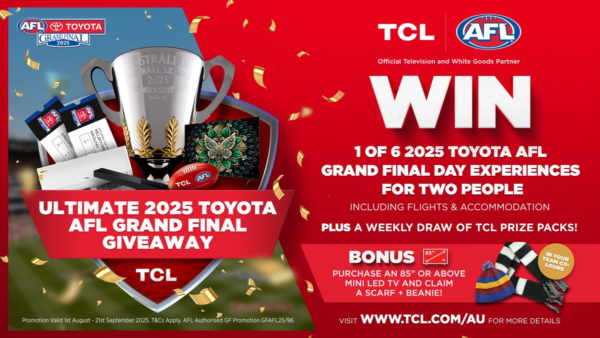 Purchase a select TCL TV or soundbar for the chance to win the ultimate 2025 Toyota AFL Grand Final experience! Ends 21.09.25. T&amp;Cs apply.

Shop: bit.ly/40dyDrH
Stores: bit.ly/3Yg0HHi

#tcl #aflgrandfinal #competition