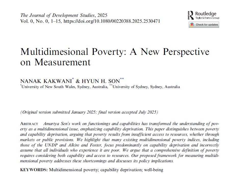 Journal of Development Studies (JDS) (@jdevstudies) on Twitter photo 🔍 Are current poverty metrics missing the mark?
Kakwani & Son argue that poverty ≠ just capability deprivation. Their new article proposes a framework that adds resource access to the equation.
Read more 👉: doi.org/10.1080/002203…
<a href="/Sydney_Uni/">University of Sydney</a> #JDevStudies 🔍 Are current poverty metrics missing the mark?
Kakwani & Son argue that poverty ≠ just capability deprivation. Their new article proposes a framework that adds resource access to the equation.
Read more 👉: doi.org/10.1080/002203…
<a href="/Sydney_Uni/">University of Sydney</a> #JDevStudies