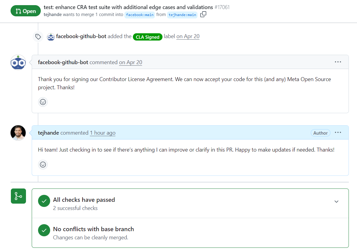 Everyone’s running npx create-react-app.

I’m out here hardening it for millions. 💻🔧

Contributed to Meta’s official CRA — added test coverage, passed production CI, CLA signed.

PR: github.com/facebook/creat…

#React #Meta #OpenSource #JavaScript