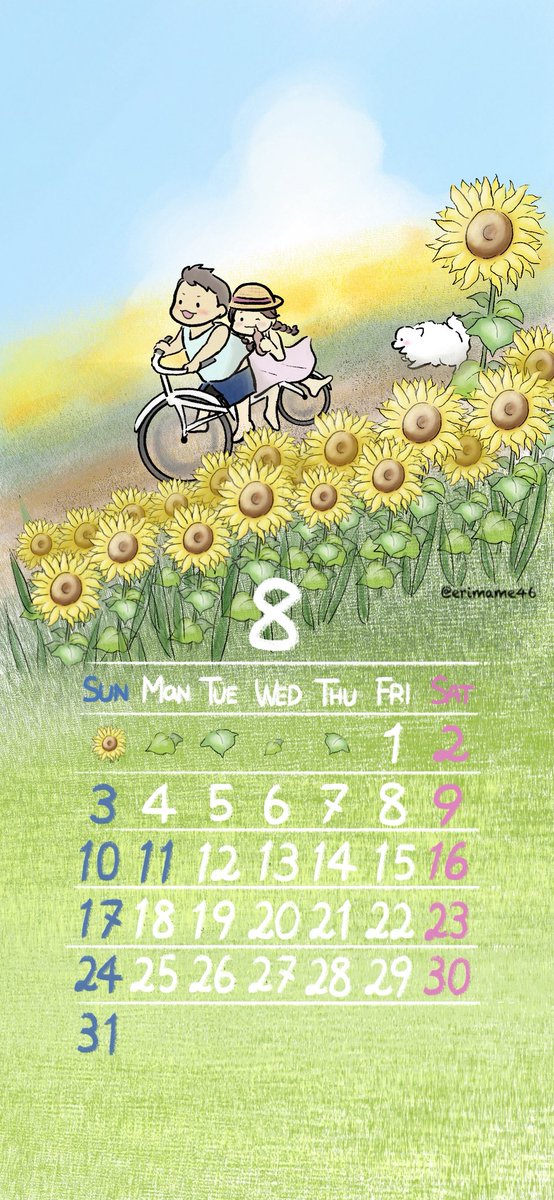 erimame46's tweet photo. 8月カレンダー
ロック画面テーマ🌻「夏色」
ホーム画面テーマ🎣「金魚すくい」

#いらすと #イラストレーター #art #painting #カレンダー #オリジナルイラスト #original #originalart #originalillustration #壁紙 #カレンダー #スマホ壁紙 #ゆるいイラスト #かわいいイラスト #8月 #august #summer https://t.co/6WaaR4ylE8