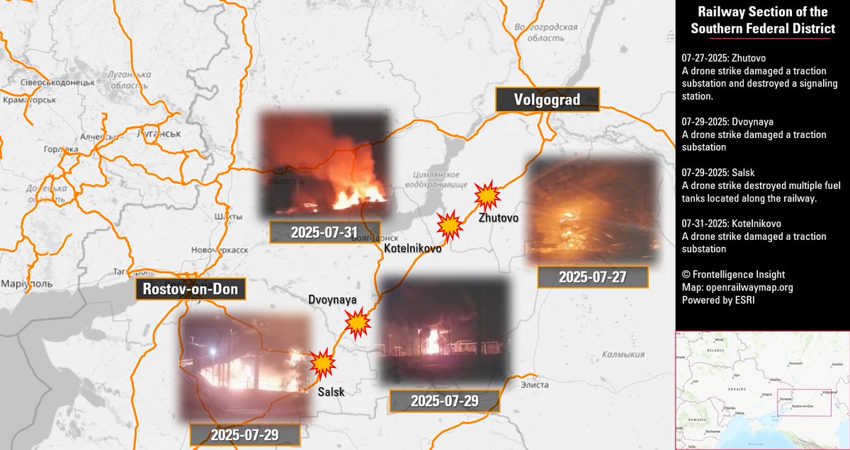 An updated map of drone strikes on Russian railway infrastructure between July 27 and July 31, focused on the rail corridor between Volgograd and Rostov-on-Don
