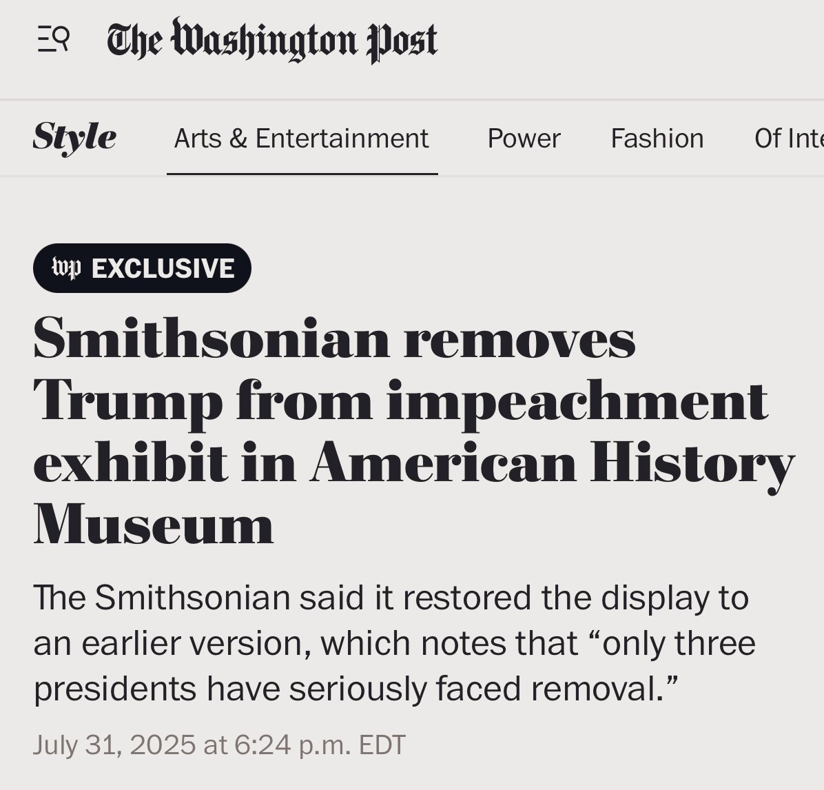 The Smithsonian has removed Trump’s impeachment exhibit after admitting that his impeachment was a political attack and not a serious impeachment